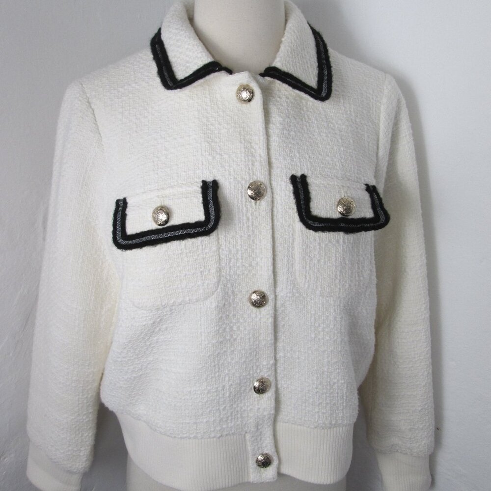NEW Talbots White Boucle Tweed Button Front Blazer Jacket  Women's Size PL